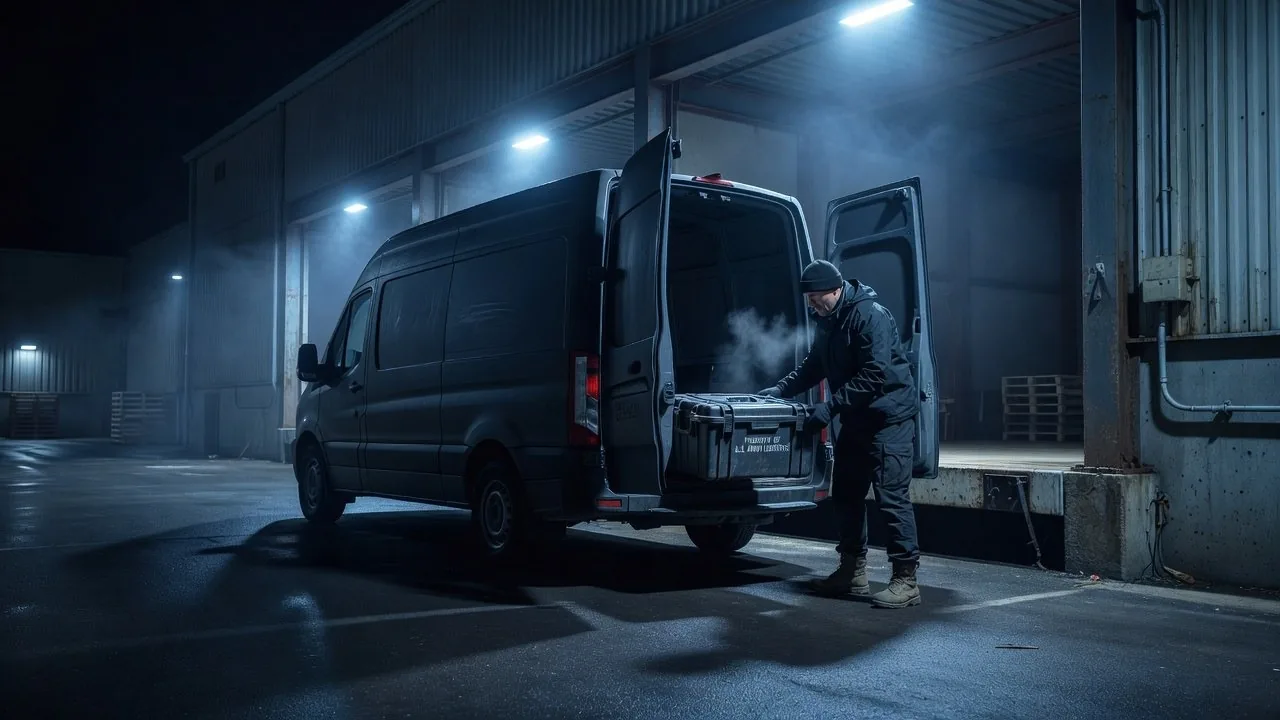 Kurier verlädt einen Transportkoffer in einen Transporter an einer Laderampe bei Nacht